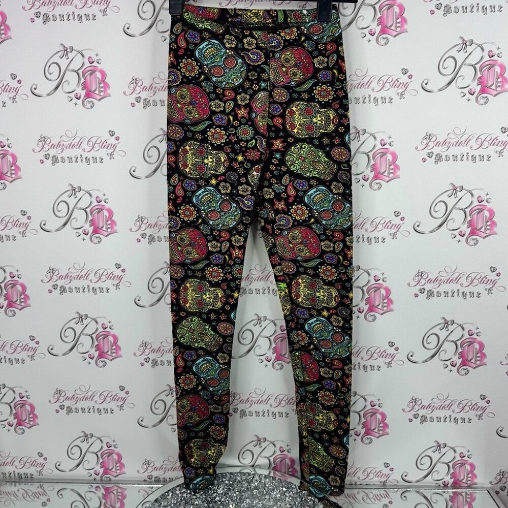 Just Cozy Pants Skulls Day Of The Dead Colorful Patterned Fleece Lined Leggings